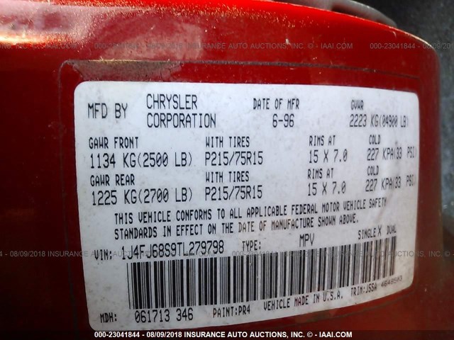 1J4FJ68S9TL279798 - 1996 JEEP CHEROKEE SPORT/CLASSIC წითელი ფოტო 9