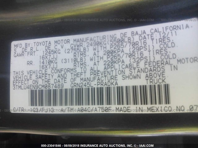 3TMLU4EN9CM087489 - 2012 TOYOTA TACOMA DOUBLE CAB 灰色 照片 9