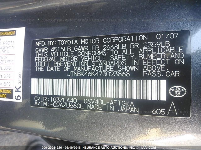 JTNBK46K473023868 - 2007 TOYOTA CAMRY NEW GENERAT LE/XLE/SE GRAY photo 9