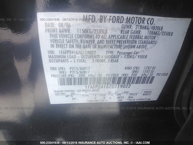 1FAFP24167G119022 - 2007 FORD FIVE HUNDRED SEL BLACK photo 9