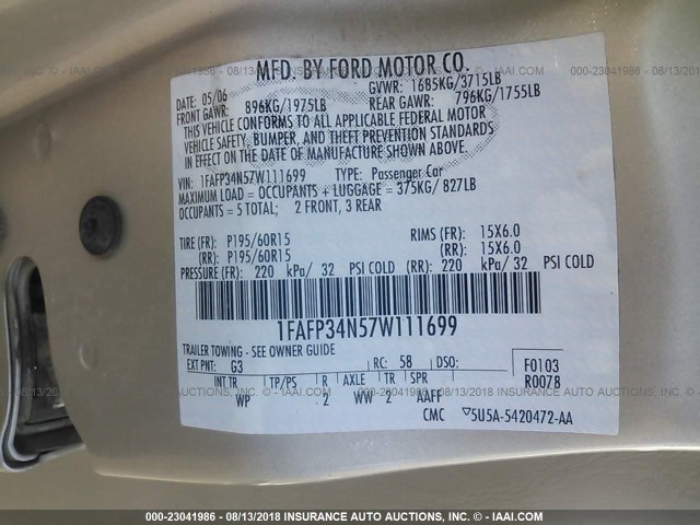1FAFP34N57W111699 - 2007 FORD FOCUS ZX4/S/SE/SES GOLD photo 9