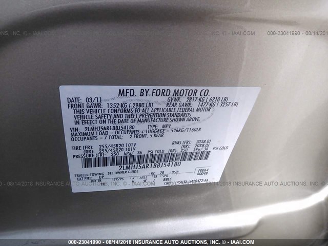 2LMHJ5AR1BBJ54180 - 2011 LINCOLN MKT GOLD photo 9