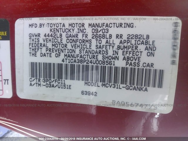 4T1CA38P24U008561 - 2004 TOYOTA CAMRY SOLARA SE/SLE Qırmızı foto 9