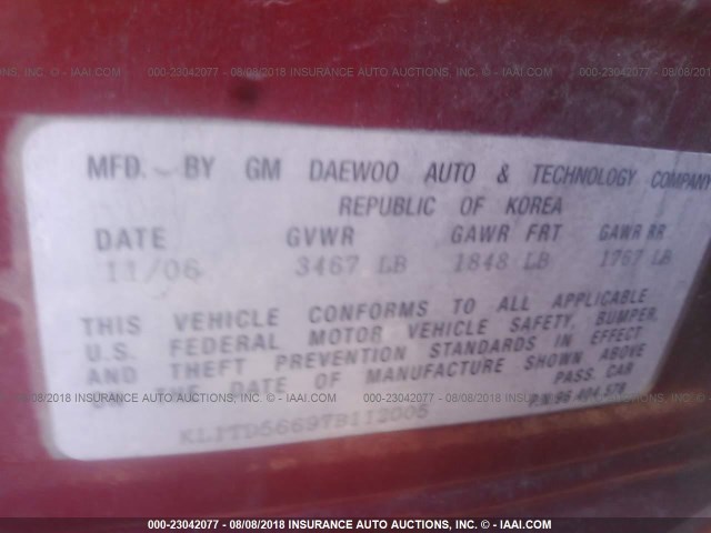 KL1TD56697B112005 - 2007 CHEVROLET AVEO LS RED photo 9