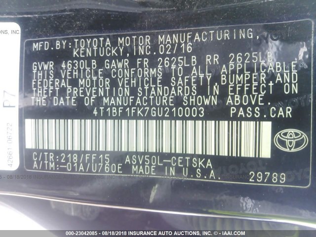 4T1BF1FK7GU210003 - 2016 TOYOTA CAMRY LE/XLE/SE/XSE 黑色 照片 9