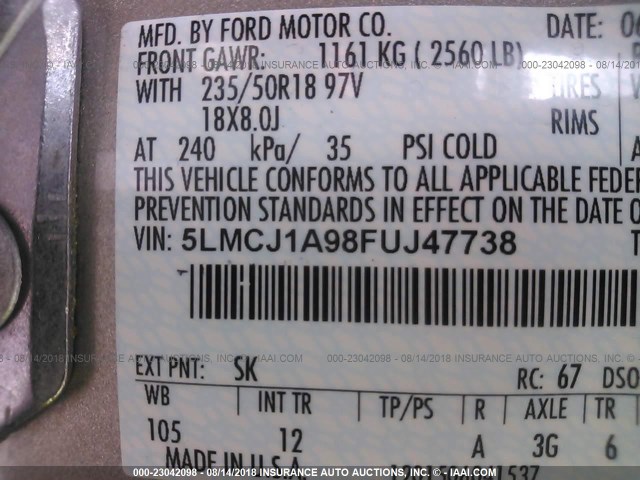 5LMCJ1A98FUJ47738 - 2015 LINCOLN MKC TAN photo 9