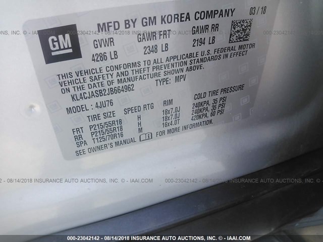 KL4CJASB2JB664962 - 2018 BUICK ENCORE PREFERRED Күміс фото 9