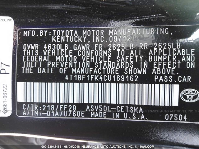 4T1BF1FK4CU169162 - 2012 TOYOTA CAMRY SE/LE/XLE BLACK photo 9