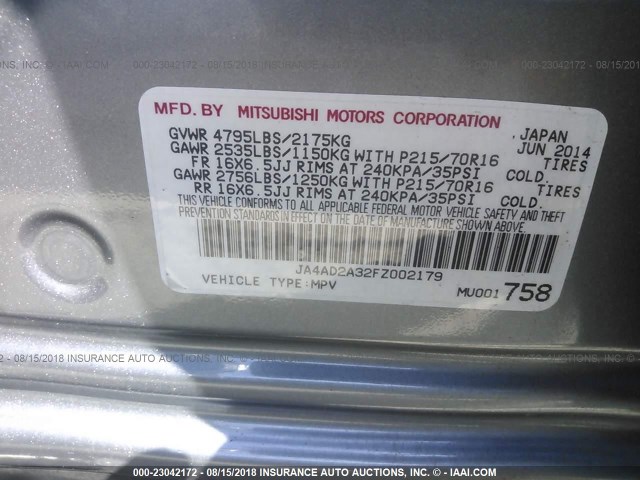 JA4AD2A32FZ002179 - 2015 MITSUBISHI OUTLANDER ES 灰色 照片 9
