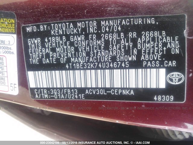 4T1BE32K74U346745 - 2004 TOYOTA CAMRY LE/XLE/SE RED photo 9