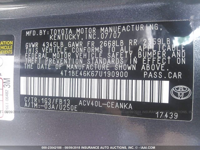 4T1BE46K67U190900 - 2007 TOYOTA CAMRY NEW GENERAT CE/LE/XLE/SE GRAY photo 9