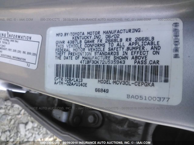 4T1BF30K72U535943 - 2002 TOYOTA CAMRY LE/XLE/SE Gümüş foto 9