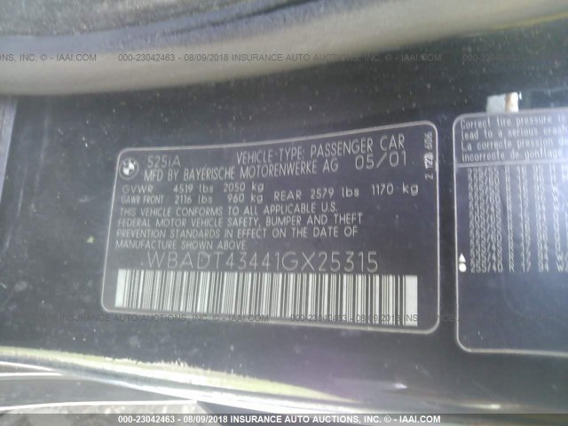 WBADT43441GX25315 - 2001 BMW 525 I AUTOMATIC BLACK photo 9