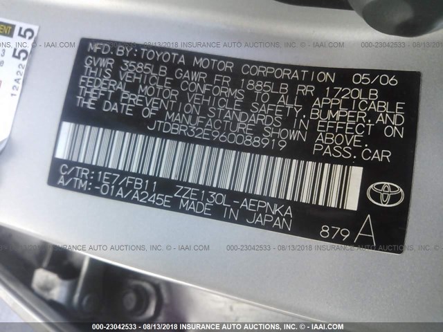 JTDBR32E960088919 - 2006 TOYOTA COROLLA CE/LE SILVER photo 9