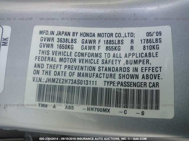 JHMZE2H73AS013111 - 2010 HONDA INSIGHT EX SILVER photo 9