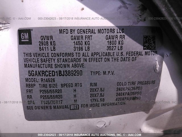 5GAKRCED1BJ389290 - 2011 BUICK ENCLAVE CXL თეთრი ფოტო 9