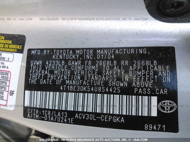 4T1BE30K54U854425 - 2004 TOYOTA CAMRY LE/XLE/SE Gümüş foto 9