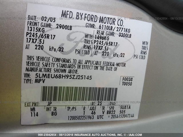 5LMEU68H95ZJ25145 - 2005 LINCOLN AVIATOR 银色 照片 9