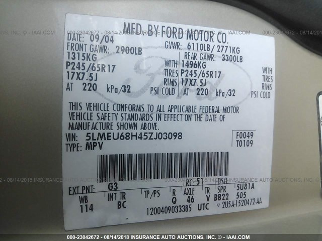 5LMEU68H45ZJ03098 - 2005 LINCOLN AVIATOR 金色 照片 9