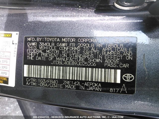 JTDBL40E89J025206 - 2009 TOYOTA COROLLA LE/XLE GRAY photo 9