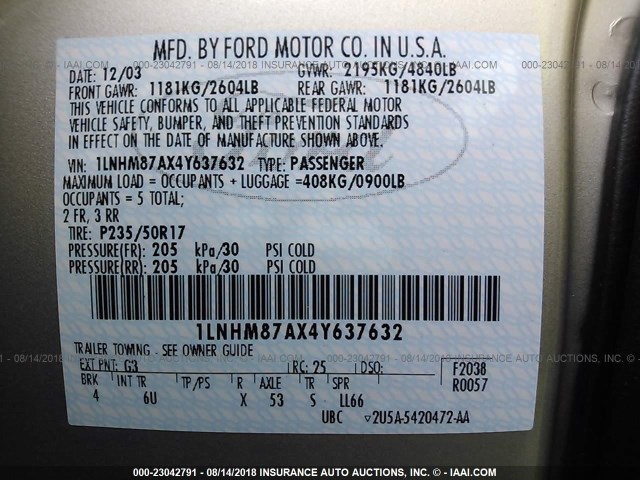 1LNHM87AX4Y637632 - 2004 LINCOLN LS თაფლისფერი ფოტო 9
