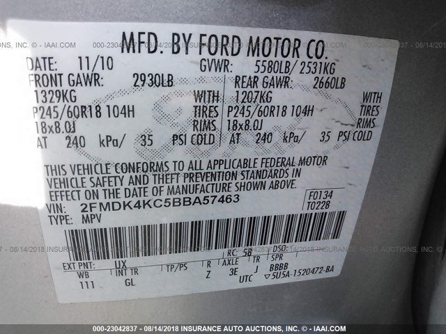 2FMDK4KC5BBA57463 - 2011 FORD EDGE LIMITED SILVER photo 9