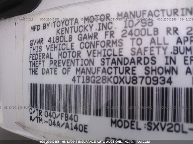 4T1BG28K0XU870934 - 1999 TOYOTA CAMRY CE/LE/XLE 白色 照片 9