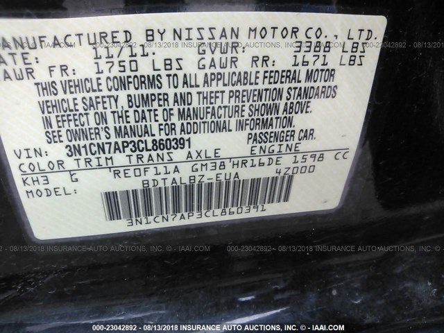 3N1CN7AP3CL860391 - 2012 NISSAN VERSA S/SV/SL BLACK photo 9