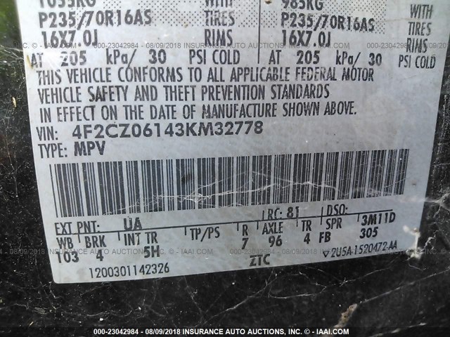 4F2CZ06143KM32778 - 2003 MAZDA TRIBUTE ES 黑色 照片 9