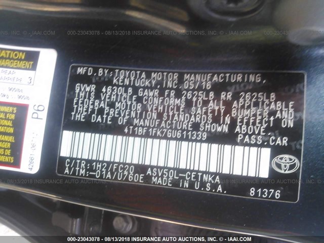 4T1BF1FK7GU611339 - 2016 TOYOTA CAMRY LE/XLE/SE/XSE 黑色 照片 9