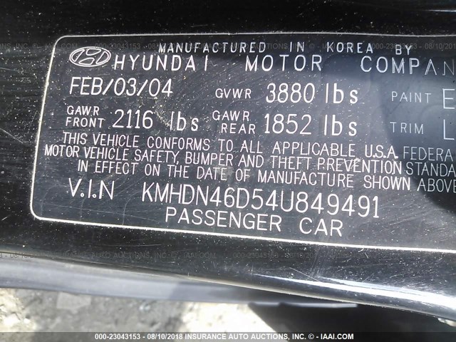 KMHDN46D54U849491 - 2004 HYUNDAI ELANTRA BLACK photo 9