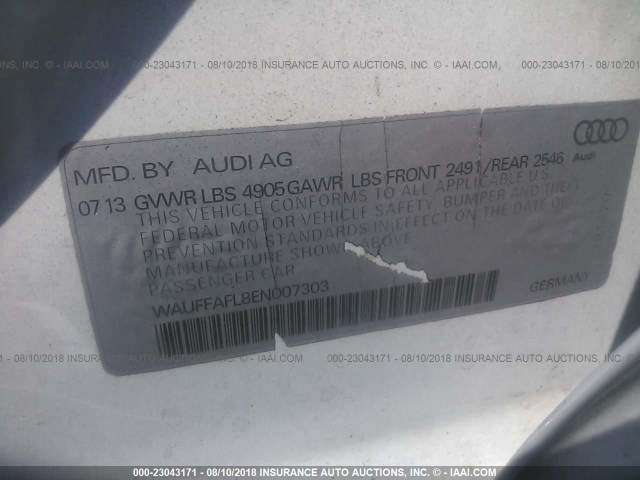 WAUFFAFL8EN007303 - 2014 AUDI A4 PREMIUM PLUS WHITE photo 9