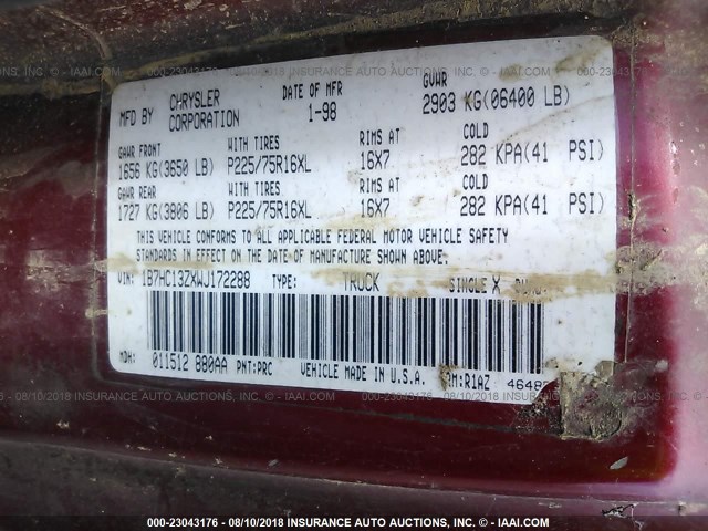 1B7HC13ZXWJ172288 - 1998 DODGE RAM 1500 RED photo 9