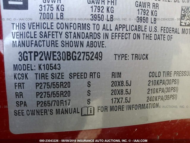 3GTP2WE30BG275249 - 2011 GMC SIERRA K1500 SLT RED photo 9