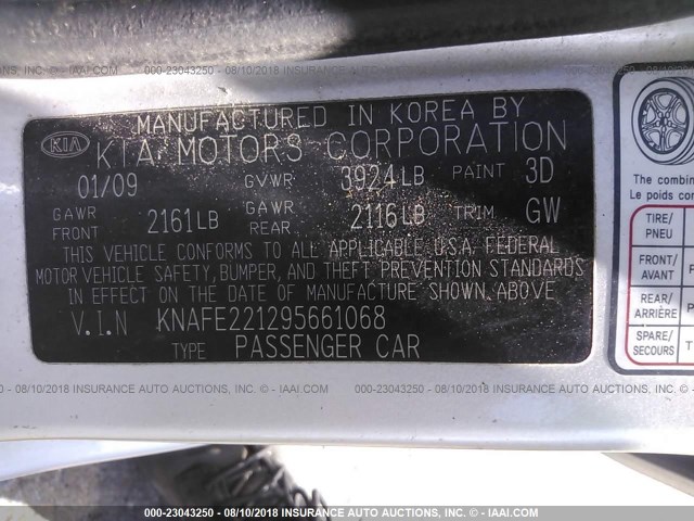 KNAFE221295661068 - 2009 KIA SPECTRA EX/LX/SX SILVER photo 9