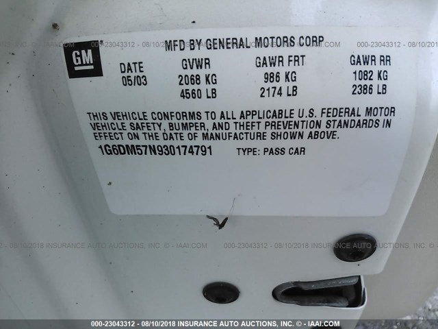 1G6DM57N930174791 - 2003 CADILLAC CTS WHITE photo 9