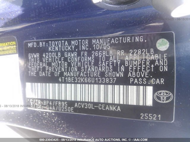 4T1BE32K66U133837 - 2006 TOYOTA CAMRY LE/XLE/SE Mavi foto 9