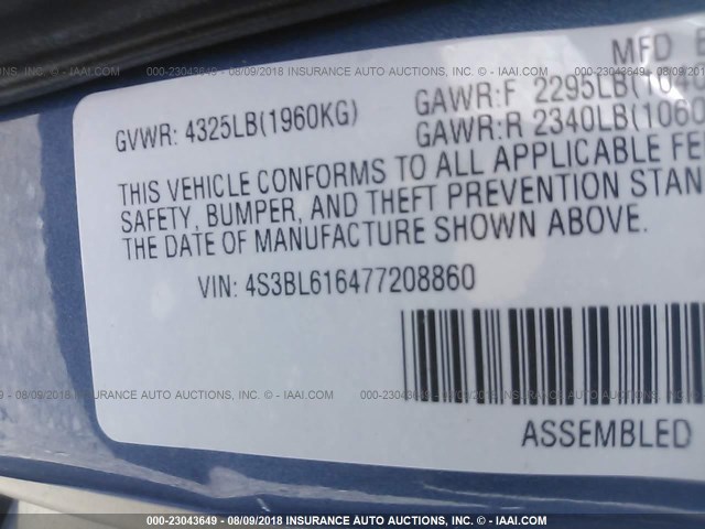 4S3BL616477208860 - 2007 SUBARU LEGACY 2.5I BLUE photo 9