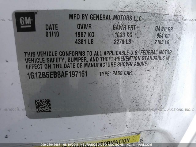 1G1ZB5EB8AF197161 - 2010 CHEVROLET MALIBU LS WHITE photo 9