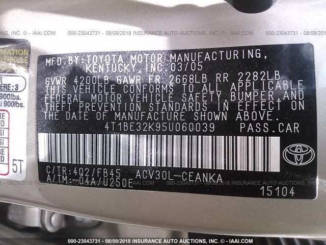 4T1BE32K95U060039 - 2005 TOYOTA CAMRY LE/XLE/SE Qəhvəyi foto 9