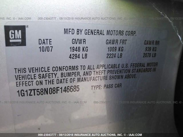 1G1ZT58N08F146685 - 2008 CHEVROLET MALIBU LT/CLASSIC SILVER photo 9