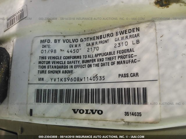 YV1KS9608W1140535 - 1998 VOLVO S90 Weiß Foto 9