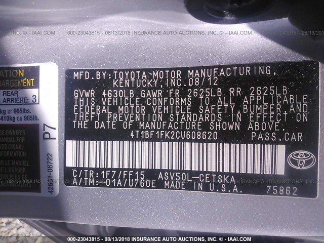 4T1BF1FK2CU608620 - 2012 TOYOTA CAMRY SE/LE/XLE 银色 照片 9