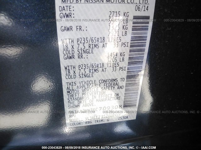 5N1AR2MN3EC709308 - 2014 NISSAN PATHFINDER S/SV/SL/PLATINUM BLUE photo 9