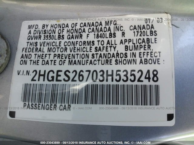 2HGES26703H535248 - 2003 HONDA CIVIC EX SILVER photo 9