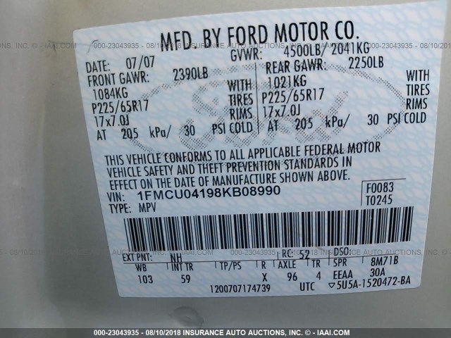 1FMCU04198KB08990 - 2008 FORD ESCAPE LIMITED WHITE photo 9