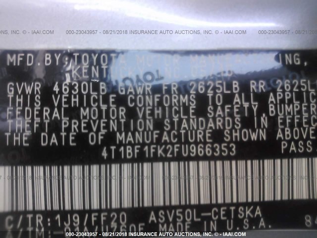 4T1BF1FK2FU966353 - 2015 TOYOTA CAMRY LE/XLE/SE/XSE 银色 照片 9