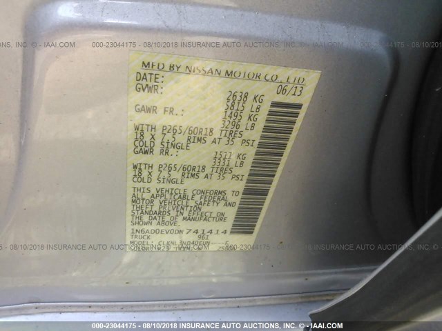 1N6AD0EV0DN741414 - 2013 NISSAN FRONTIER S/SV/SL/PRO-4X SILVER photo 9