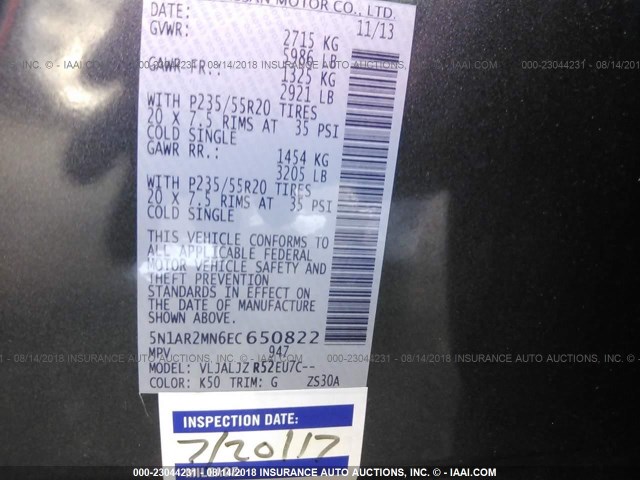 5N1AR2MN6EC650822 - 2014 NISSAN PATHFINDER S/SV/SL/PLATINUM GRAY photo 9