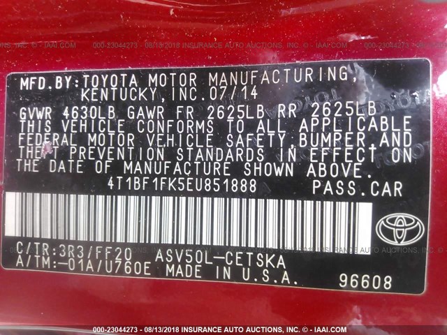 4T1BF1FK5EU851888 - 2014 TOYOTA CAMRY L/SE/LE/XLE RED photo 9